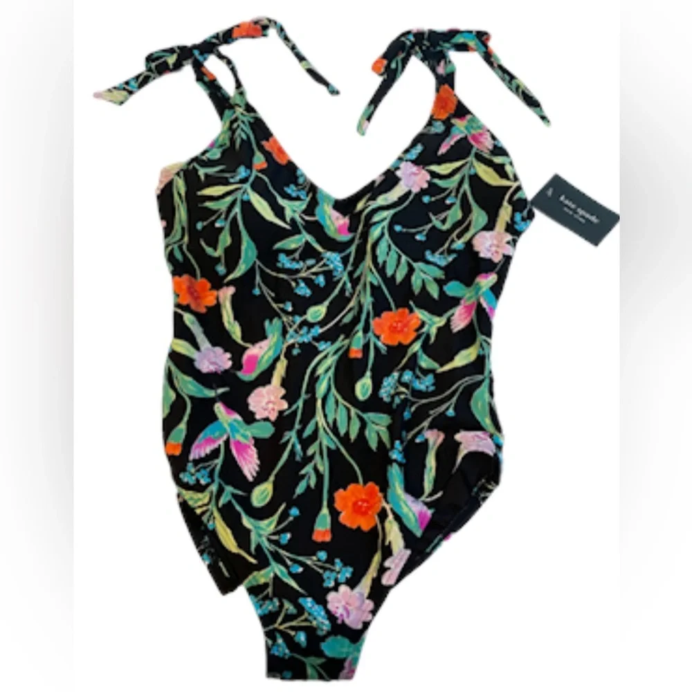 NWT Kate Spade Multicolor Floral Shoulder Tie V-Neck One-Piece Swimsuit. Large.